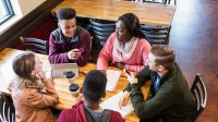 Group of high school students study together in a coffee shop
