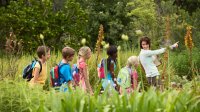 Elementary teacher walks outside with students as class project