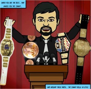 A drawing of a bearded man in front of a podium holding up four world wrestling belts