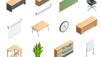 Floating images of desks, tables, chairs, and clocks