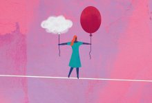 Woman on tightrope with cloud and balloon