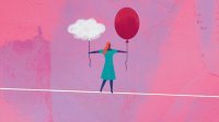Woman on tightrope with cloud and balloon