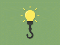 Illo of yellow lightbulb with a hook hanging under the base