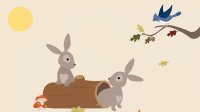 Illustration of one rabbit on a log and another next to it