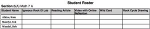 Chart with columns showing Student Name; Igneous Rock ID Lab; Reading Article; Video with Online Reflection; Wild Card; and Rock Cycle Drawing