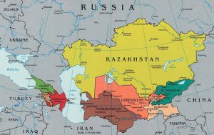 A map of Kazakhstan next to Russia, China, and surrounding countries. 