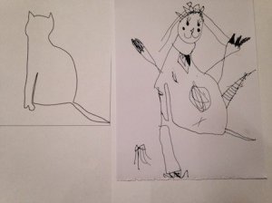 side-by-side image of a drawn cat outline with a child's interpretation