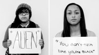 Two portraits of teenage girls of color holding up signs saying "Alien" and You don't talk like you're black," illustrating the microaggressions they face