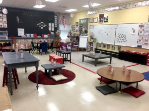 A classroom with tables of various heights and a range of seating options