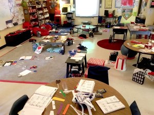 A messy classroom with flexible seating