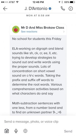A group text that a teacher sent parents through the Remind app