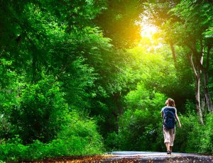 A young woman is walking on a road path surrounded by trees. 