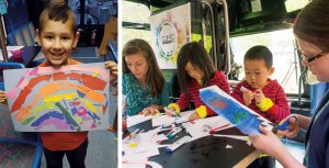 A two-image collage. On the right, a young boy is standing inside of a bus smiling and holding artwork he made. On the left, a young boy and girl and two adults are sitting inside of a bus coloring with markers and cutting paper.