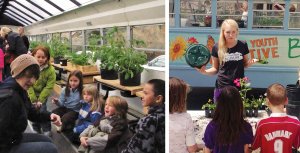 Two photos collaged together. On the left, an adult female is giving a gardening lesson to young kids inside of a bus, and on the right, a female teen is giving a gardening lesson to kids in front of the same bus.