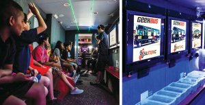 A two-image collage of the interior of a science, tech, engineering, and math bus. On the left, students are sitting in the bus listening to an adult speak, and on the right, plastic boxes are lined up on the seating against a wall with flat-screen TVs.