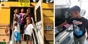 A two-image collage. On the left, young students are standing on the stairs of a bus smiling and laughing. On the right, a young boy is grabbing cold boxed milk from inside the bus.