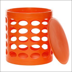 An orange storage bin