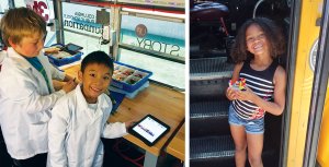 A two-image collage. On the right, two young boys are inside a bus wearing lab coats and making things with LEGOs and iPads. On the left, a young girl is standing on the steps of the bus, smiling, holding something she made.
