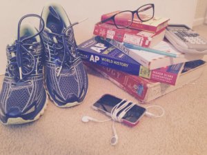 School books, glasses, sneakers