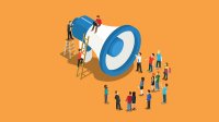 Animated image of twenty people standing in front of a gigantic megaphone.