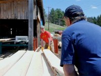 Boy working with a man at a lumber mill