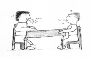 A student artist’s drawing of two students staring into each other’s eyes