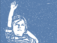 An illustration of a young boy with his hand raised (taken from the "Boyhood" movie promo materials).