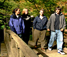 Students walking across a bridge.