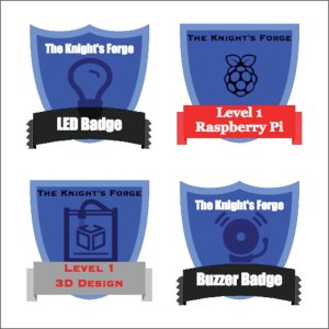 Four badges from the author’s makerspace, labeled LED Badge, Level 1 Raspberry Pi, Level 1 3D Design, and Buzzer Badge