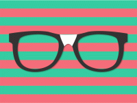 An illustration of black glasses with a white bridge behind a striped red and green backdrop.