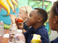 A photo of an elementary-school boy sitting at the lunch table eating an apple.