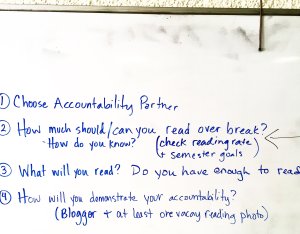 Reading accountability questions written on whiteboard