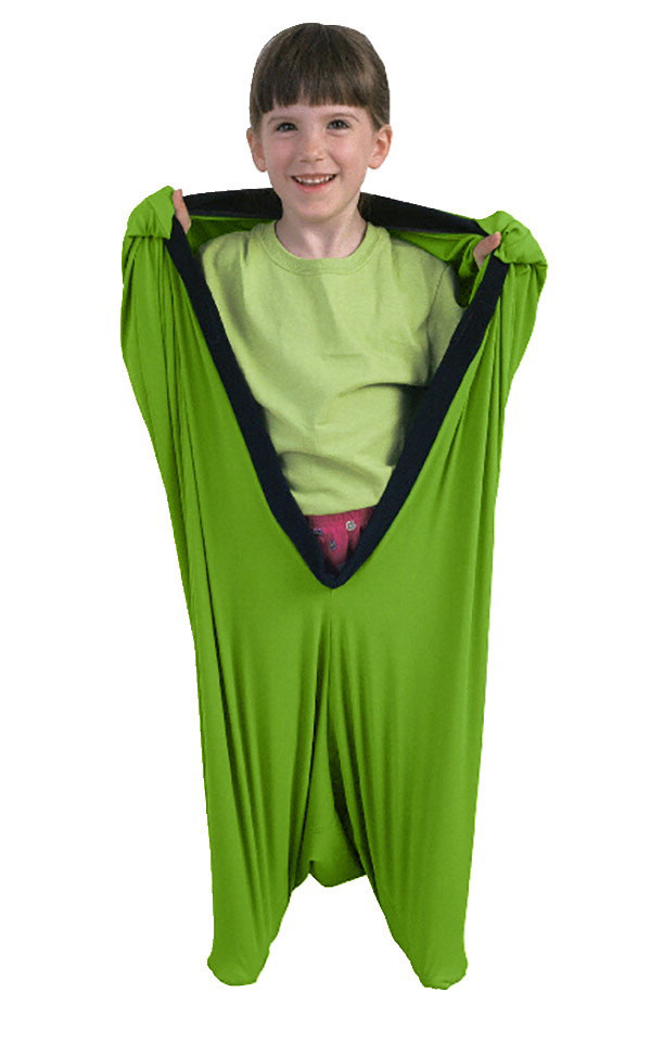 Product photo of a child in a soft bag-like outfit called a body sock