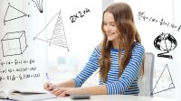 Photo of a student working on her math assignment, with diagrams and formulas written on the photo
