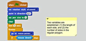 Scratch screen grab of code blocks for random polygons.