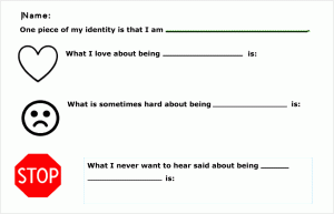 A handout with a space for the student's name and question: One piece of my identity is that I am . . .  A heart and question: What I love about being . . . is . . .  A frown face and question: What is sometimes hard about being . . . is . . .  A stop sig