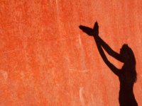 Shadow of a girl against an orange wall making a bird shadow puppet