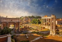 The ruins of the Roman forum, made up of marble columns and arches