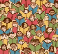 An illustration of children of all ethnicities and cultural backgrounds reading books in red, yellow, green, and blue