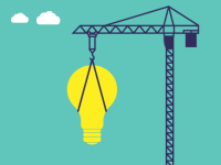 An illustration of a giant lightbulb being suspended on a crane.