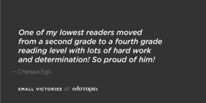 A teacher quote: 'One of my lowest readers moved from a second grade to a fourth grade reading level with lots of hard work and determination! So proud of him!'