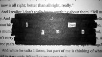 A passage in a book is blacked out, leaving visible letters that spell "I love you."