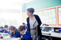 how long does it take teachers to grade essays Female teacher with her elementary school students in the classroom.