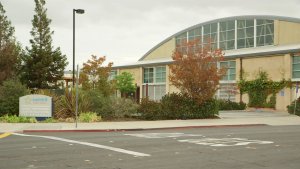 A street view of the exterior of Summit Preparatory Charter High School with a bush and tree garden in front of the school.