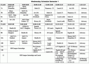 University Park Campus School's first semester master schedule for Wednesdays.