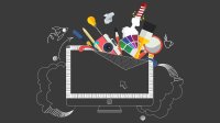 Illustration of a bunch of colorful art tools emerging from a computer monitor