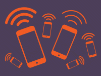 An illustration of six ringing, orange cell phone of various sizes against a purple backdrop.