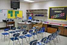17 chairs are lined side-by-side in three rows facing the front of a classroom. At the front of the class, inches from the ceiling, a flat screen TV is attached to the wall. A countertop with drawers extends along the right side of the room.