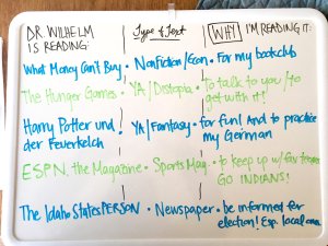 A whiteboard list of the author’s recent reading