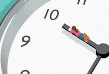 Illustration of a girl reading on a clock